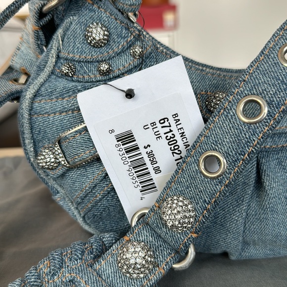 BALENCIAGA 
WOMEN'S LE CAGOLE XS SHOULDER BAG DENIM IN BLUE WITH CRYSTALS - Picture 2 of 14